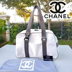 Chanel Rare Sports Line White Canvas Vintage Boston 40 duffle Carryall Tote bag